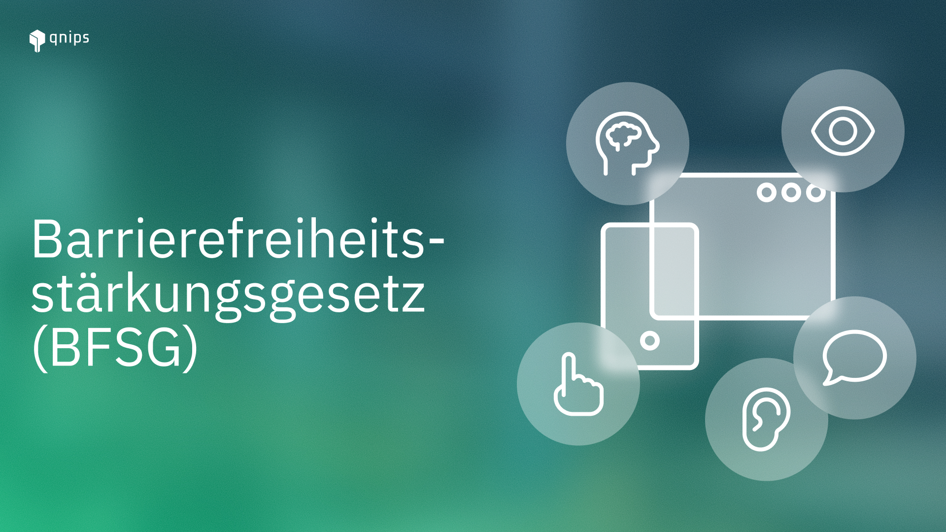 Auf der linken Seite ist ,, German Accessibility Improvement Act (BFSG)" in einem Schriftzug dargestellt. Auf der anderen Seite sind Symbole abgebildet, die das Thema Barrierefreiheit visuell unterstützen.